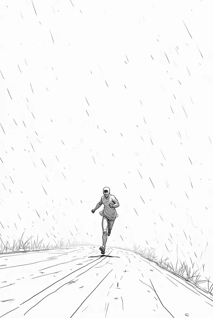 full body
black and white line drawing storyboard of A 
 running on rode in rain