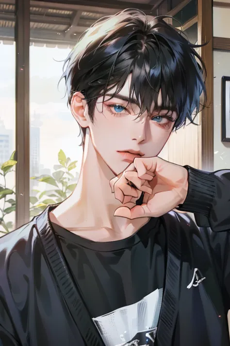 Masterpiece, best quality,(artist) very detailed, 1man black hair, blue eyes, wearing a black cardigan and white T-shirt. A handsome male.  dynamic pose, short bang hair with 7:3 ratio, manly, man. korea background