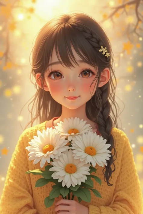  A young girl with long dark hair , tied part of her hair in a small braid style. She wore a piece of her hair in a small braid style, create a feeling of warmth and lightness. She wore one light yellow sweater, shines in the blurred background. On her han...