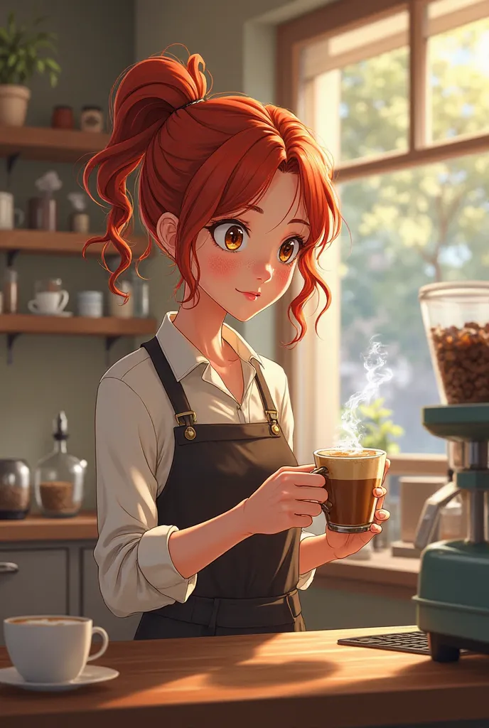 Anime women working on coffee shop and holding a cup of cappuccino (she's 19 and she have a Crimson hair and brown eyes and frikels 