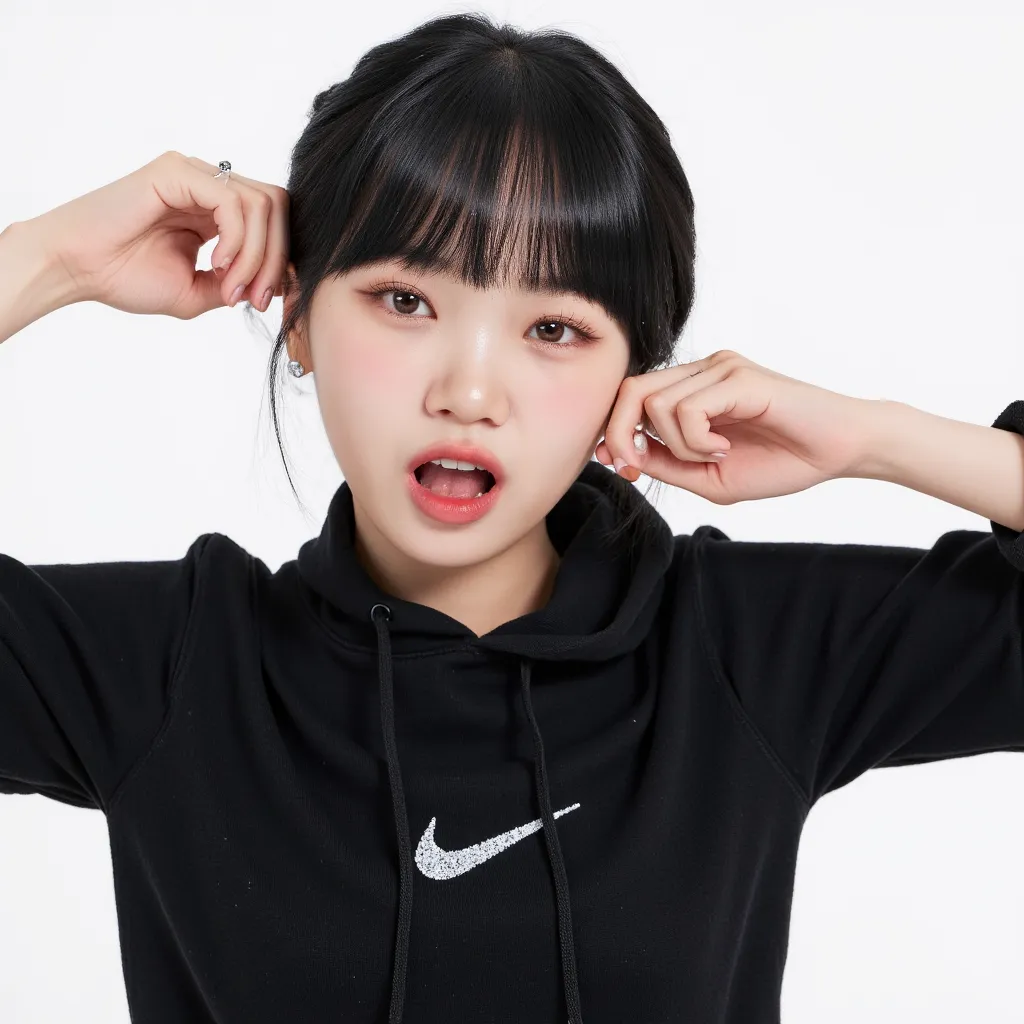 ohwx Women's Photography , Nike hoodie with bangs, slim body, pale skin, slender body, black hair with bangs、I&#39;m making an ahegao face
