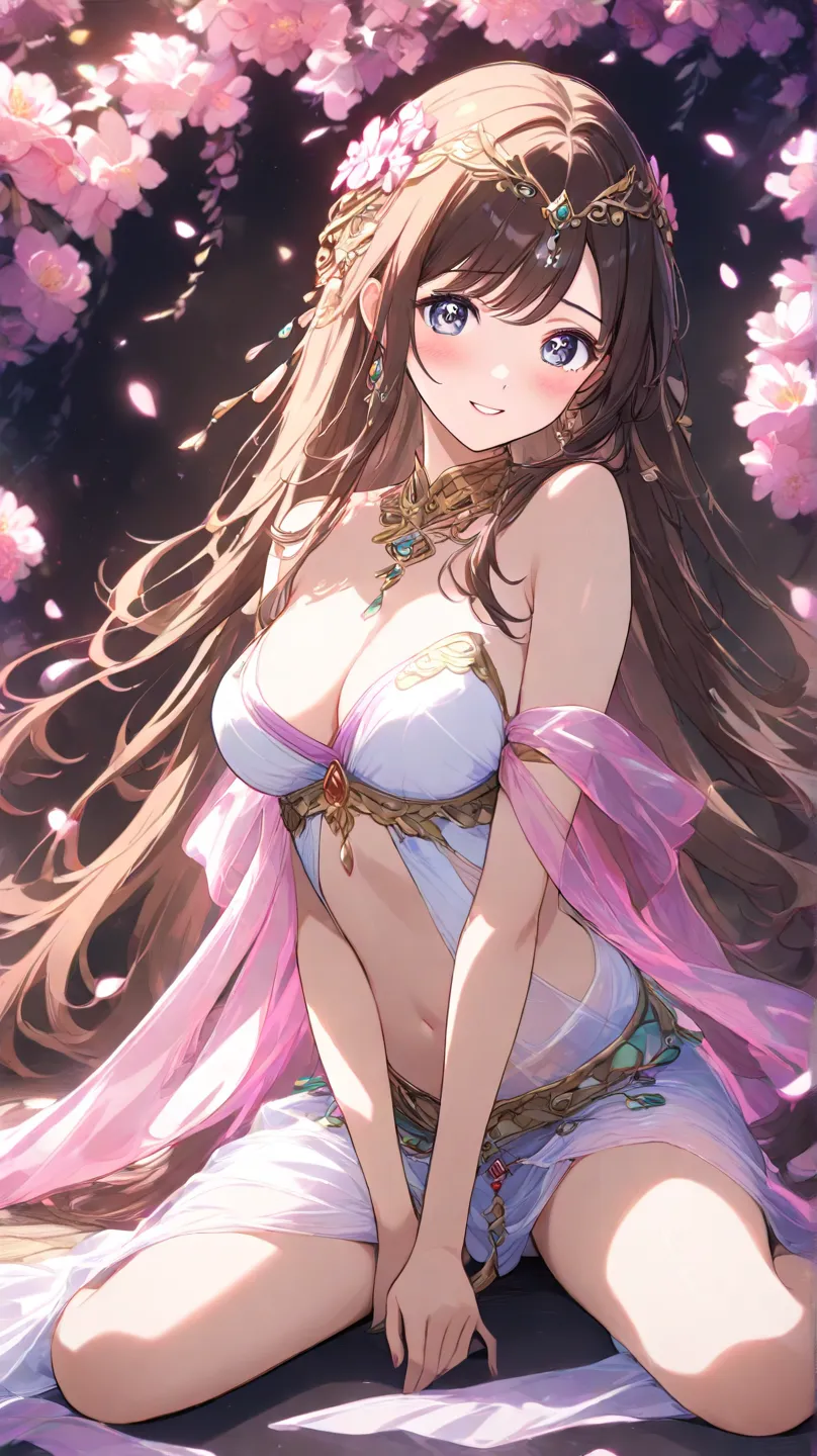 high quality　best image quality　Super Detail　high quality　4k 8k vivid dancer 　long brown hairstyle　  pink flower hair ornament  　 medium breasts　 　  smile face　lying on the floor　Embarrassing Face