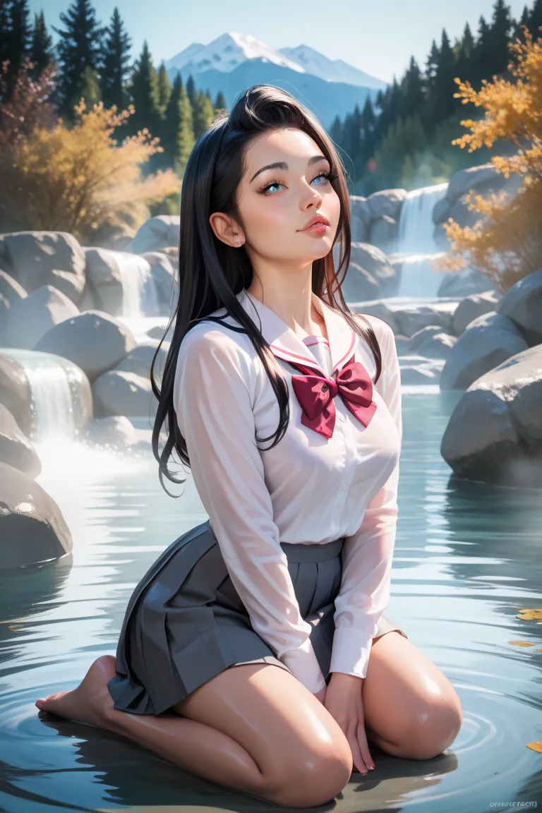 Black-haired high school girl standing on all fours in a hot spring