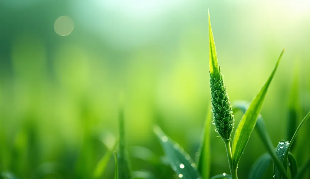 A close-up view of delicate green grass seeds with intricate textures, covered in fresh dew drops. The background is a soft, blurred green, creating a dreamy and natural atmosphere. The lighting is soft and diffused, highlighting the tiny water droplets re...