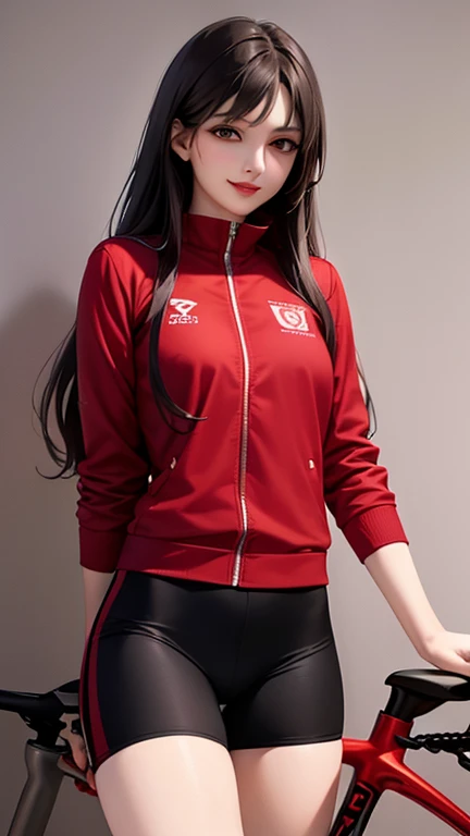 woman , long hair brown, normal, dark, she is solo, from alternative world ,best quality, realistic, cycling (full light red color) suit and cycling sports black shorts, she is stand , smile, red lipstick , 