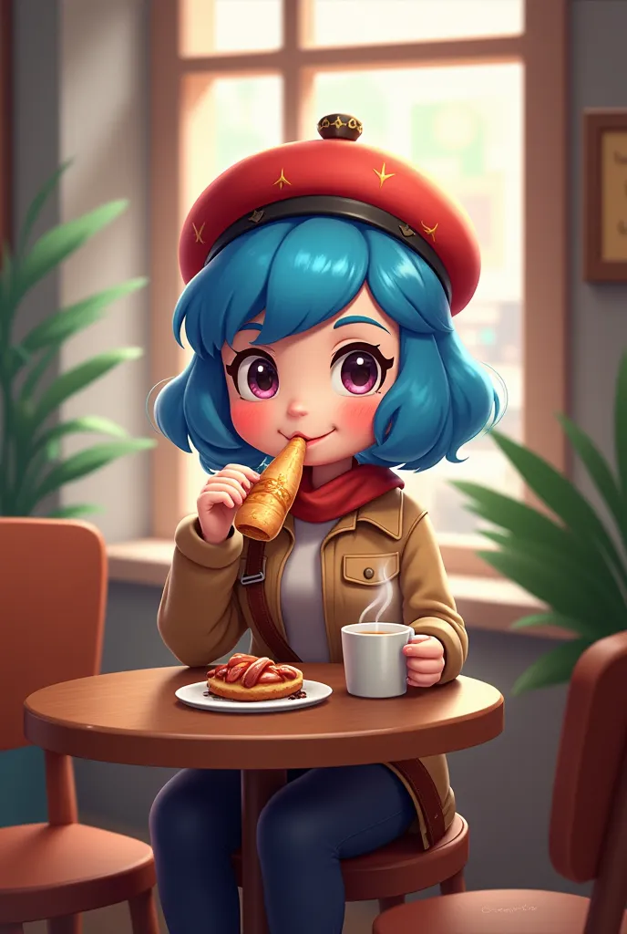 Draw the character Janet from Brawl Stars, where she eats at the café