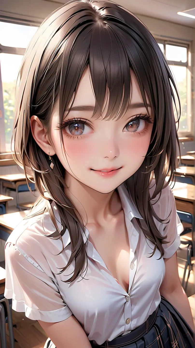 real、Brown and detailed hair、Pretty Girl、smile、(highest quality), 8k, High Resolution, masterpiece)、 ハイパーreal、 ( small face:1.8, ),  Beautiful and beautiful eyes 、Delicate eyebrows, Delicate Lashes, Slim System、Beautiful small breasts、 no bra、full open blo...