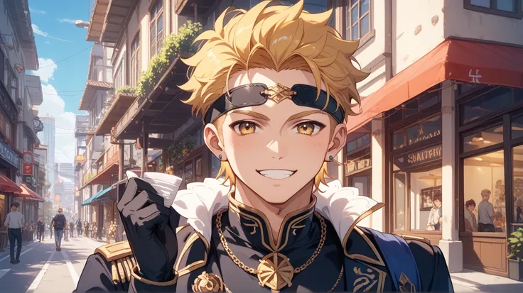 「anime style。holding out his hand。 Urban Streetscape。simple modern German style costume {x} with short golden hair all back、Of bright golden eyes、An adult man with a slightly sturdy body。 eye patch on the right eye。a man with a slightly sturdy body。 commen...