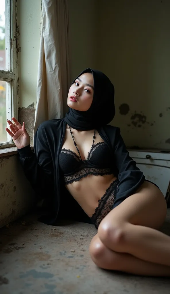 A full body photo of beauty and cute white skin korean idol girl wearing black modern hijab only and korean style black cute lingerie,she has big round breast size, the girl laying down on abandoned old man house, the girl do a naughty face expression and ...