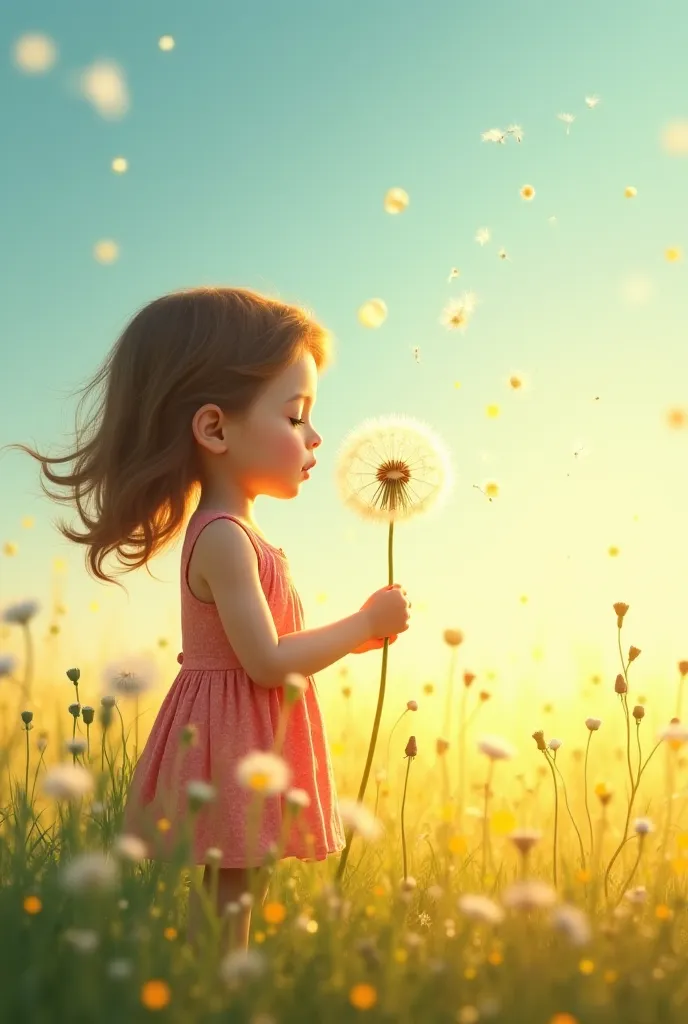 arafed image of a girl blowing a dandelion in a field, beautiful digital artwork, dreamy art, beautiful digital art, gorgeous digital art, very beautiful digital art, amazing art, beautiful artwork, amazing digital art, whimsical art, beautiful gorgeous di...