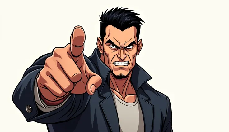 A comicbook style image of a man with short black hair pointing with an angry expression from a side profile 