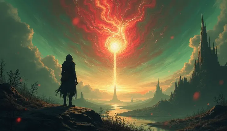 A surreal digital illustration of a lone figure standing at the edge of an unknown reality, gazing into an abstract, otherworldly void. Faint, glowing tendrils of energy stretch from the distance, as if whispering an unseen invitation. The environment is e...