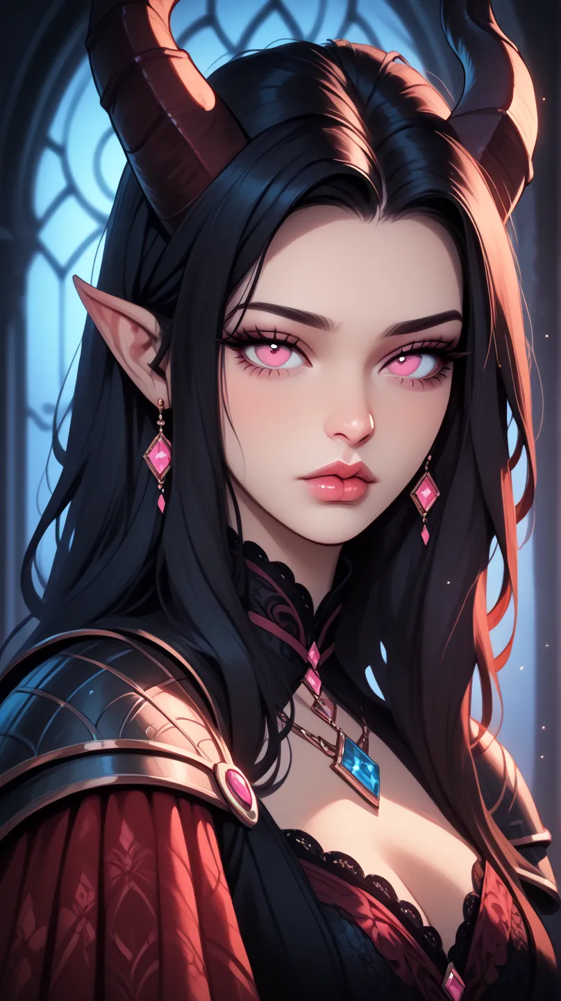  score_9, score_8_ upwards, score_7_ upwards, score_6_ upwards, score_5_ upwards, ((( beautiful, high quality))),  portrait,  tiefling ,score_9, score_8_ upwards, score_7_ upwards, sadness, cute face, black big horns,  pink eyes , black hair,  black should...