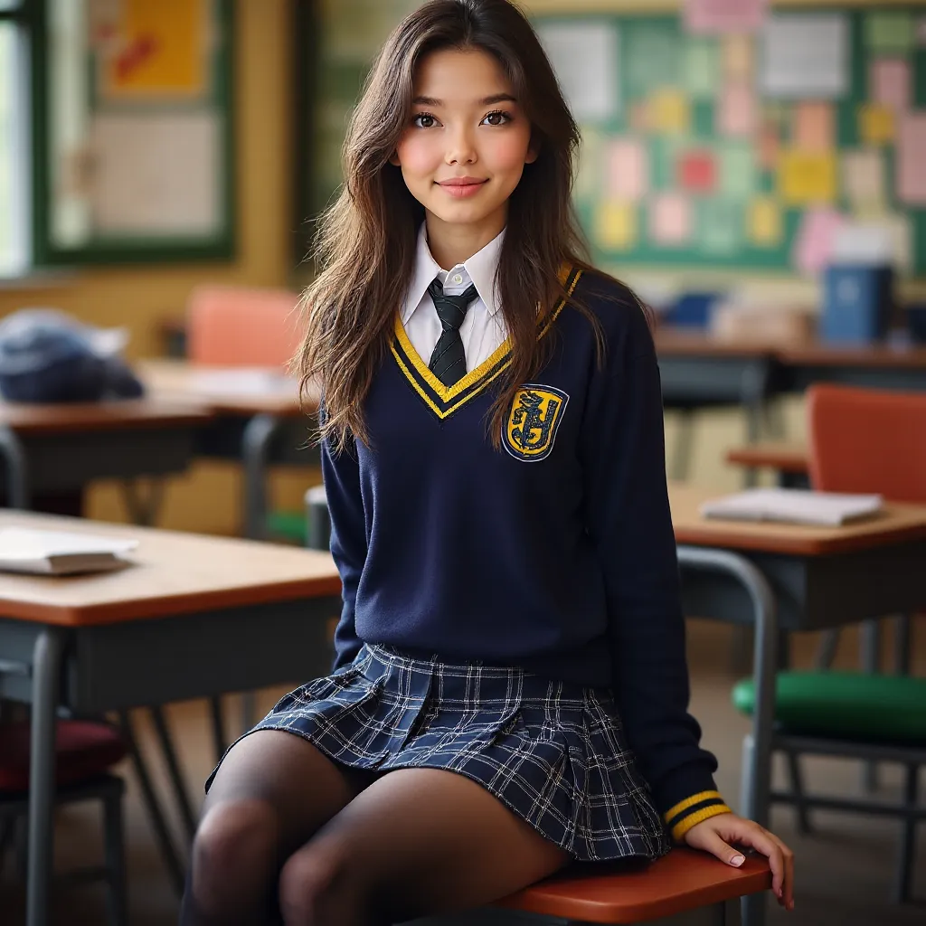 A stunningly beautiful schoolgirl sitting in a classroom, wearing a navy blue V-neck sweater with yellow and white striped trim, a white button-up shirt, a black tie, a dark blue and white plaid pleated skirt, and black tights. She has long, slightly wavy ...