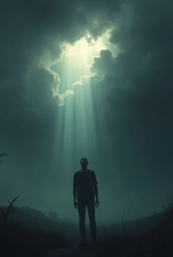 A person surrounded by dark clouds and, rays focusing only on the bad news floating around them, while positive things are illuminated but ignored. Dramatic and emotional style.