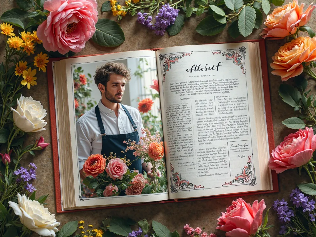 A book showing a history of  flowers and the title being Personal Touch Florist being Alf opened
