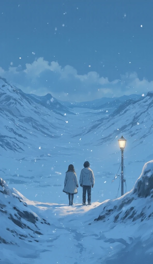 (masterpiece,best quality:1.2),Ice World、couple:0.5\(  girls and boys ,In line,Winter clothes),They lit a small light,Street lamp、A vast valley,Aerial view,expresses their bond、I want to express emptiness and a space just for two