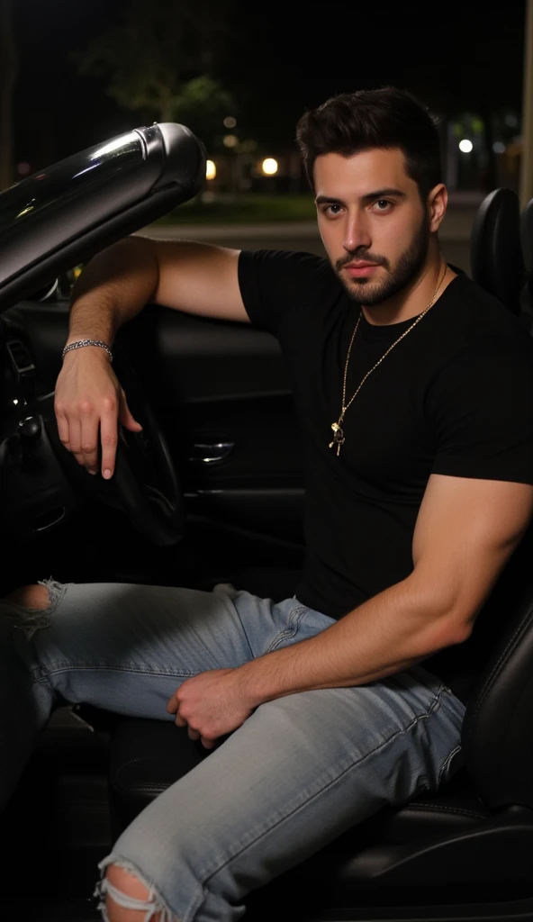 a handsome young turkish guy with muscle, dark very short hair fade middle parting and goatee beard  he wearing a black tshirt and a very light loose jeans and a thin gold chain he sits in a car Amateur photo random picture and location is germany he has v...