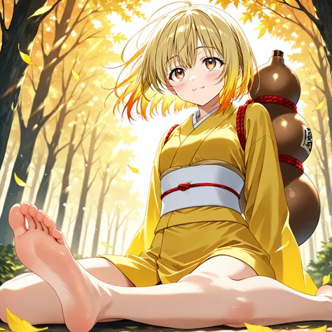 nyan2, 1girl, solo, brown eyes, multicolored hair, yellow hair, short hair, long sideburns +++ yellow kimono, white obi, gourd on back +++ Blushing, +++ Sitting, wariza ,foot focus (focus sole of foot), looking up, upper body, contrapposto, dynamic pose, c...