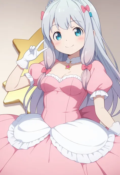 1girl, solo, izumi sagiri, long hair, grey hair, bow, blush, hair bow, anime coloring, (medium breasts:1.2), {{{smile}}}, {{{solo}}}, (masterpiece:1.2), (best quality:1.2), (high quality:1.2), (accurate), {{{princess costume}}}, {{{{{puff sleeve}}}}}, {{{p...