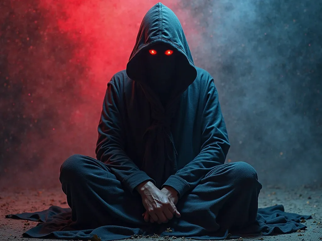 A mysterious, hooded figure, sitting cross-legged like a hermit monk. His face is hidden in the shadow of his hood with only his glowing eyes visible, giving him an enigmatic appearance. Red and blue background.