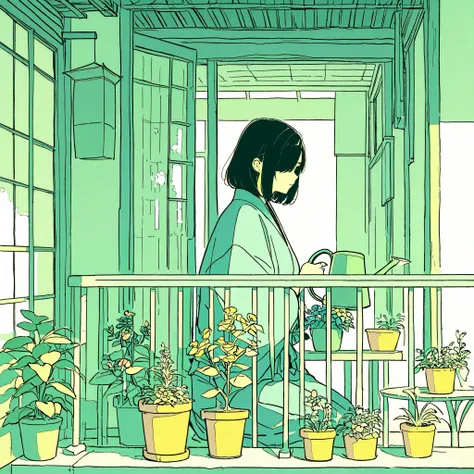  (flat color:0.5),(pale color:0.5),
1woman, samurai, medium hair, hair over one eye, black hair, tall, voluptuous, american, potted flowers, watering with a watering can, balcony, peaceful,side shot,