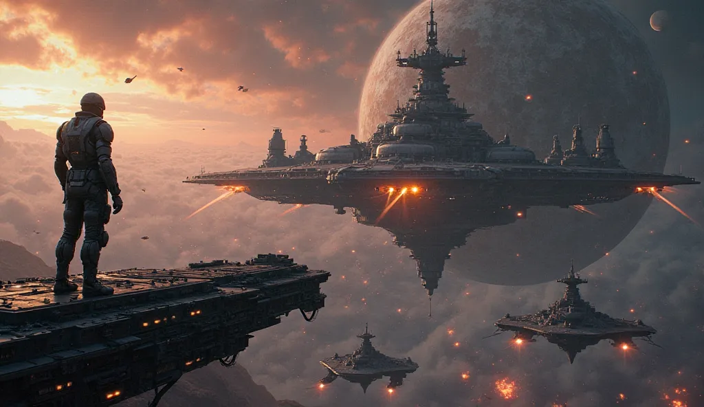 A colossal fortress world in deep space, heavily fortified with enormous alien battleships guarding its orbit. In the distance, a fleet of sleek, black human warships emerge from the void, their engines glowing like specters of death. The foreground featur...