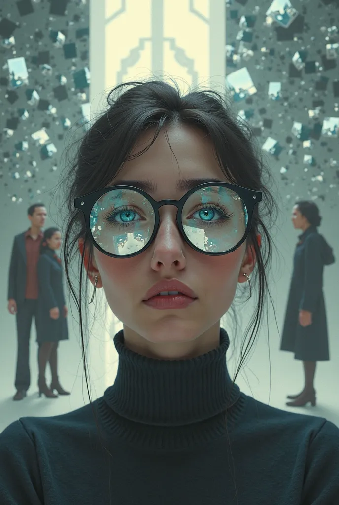 A person with glasses that reflect other people making mistakes, while she doesn't see her own biases. Abstract background with distorted mirrors and reflections. Conceptual and modern style.