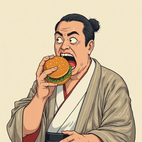  Ukiyo-e, ハンバーガーを食べる Ukiyo-eの男, Clothes are Japanese clothes , Opening his big mouth, Japanese, Plain background