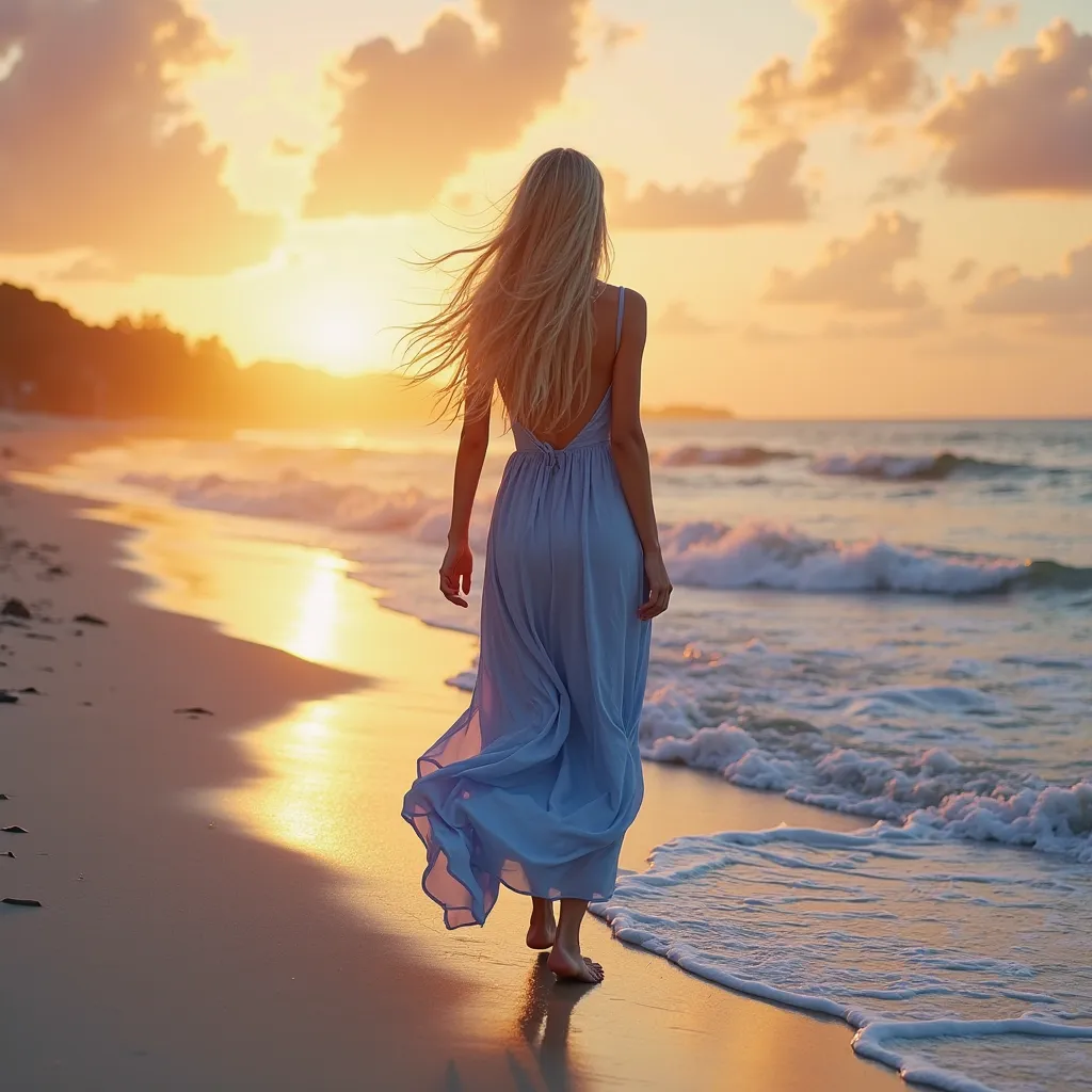 realistic depiction,  25-year-old American woman , wearing blue dress, bare feet, Walking along the edge of a white sand beach,  with back to camera . his foot was hit by a small wave of white foam. Sunset Background, , Very realistic. Ultra-detailed image...