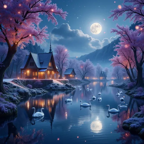 A village, surrounded by a lake, with many swans swimming in the lake, crystal flowers grow around the village, ancient crystal trees with flowers of all colors shimmering and fanciful. The delicate and detailed drawing style stands out in the village. Wit...