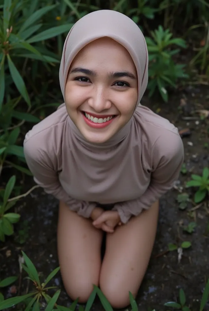 1 young 23 years old malay girl in hijab naked kneeling and smiling in a bushes looking to the viewer, top angle shot, pov from top, wet body, wet face with lot of semen, very small breast, flat chest,