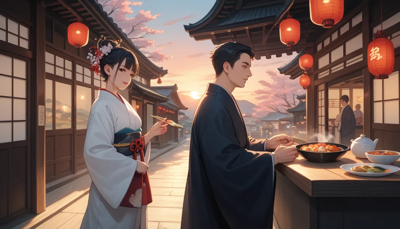  girl and man  ,wearing a beautiful kimono  ,Sunset ,Japanese street food ,old epohi houses ,emphasis on steam