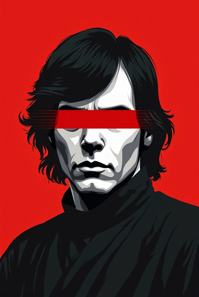 A stylized Art vectoriel portrait of Luke Skywalker with a black and white face, partiellement obscurci par une bande rouge audacieuse sur ses yeux et sa bouche. L'arrière-plan est rouge uni. La figure semble solennelle, Art vectoriel