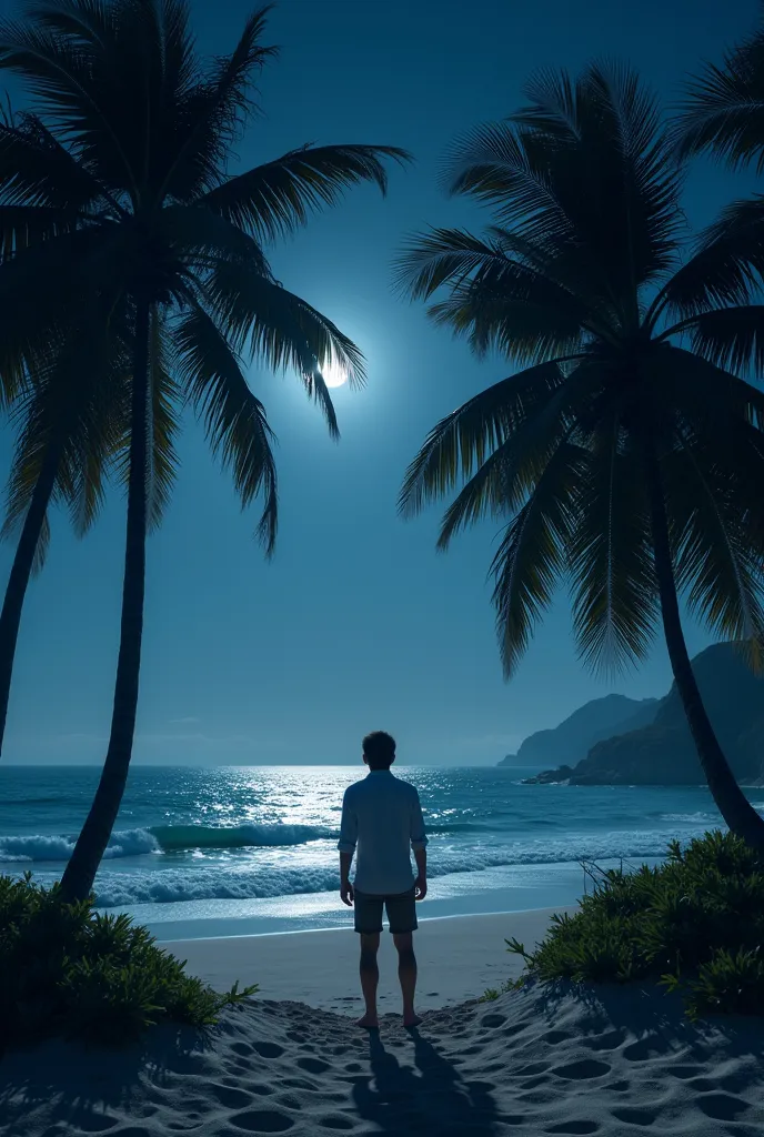 I want a beach at night , View from the sand and palm trees of the moon on the left side , Let it be a landscape , But from human vision not from a camera