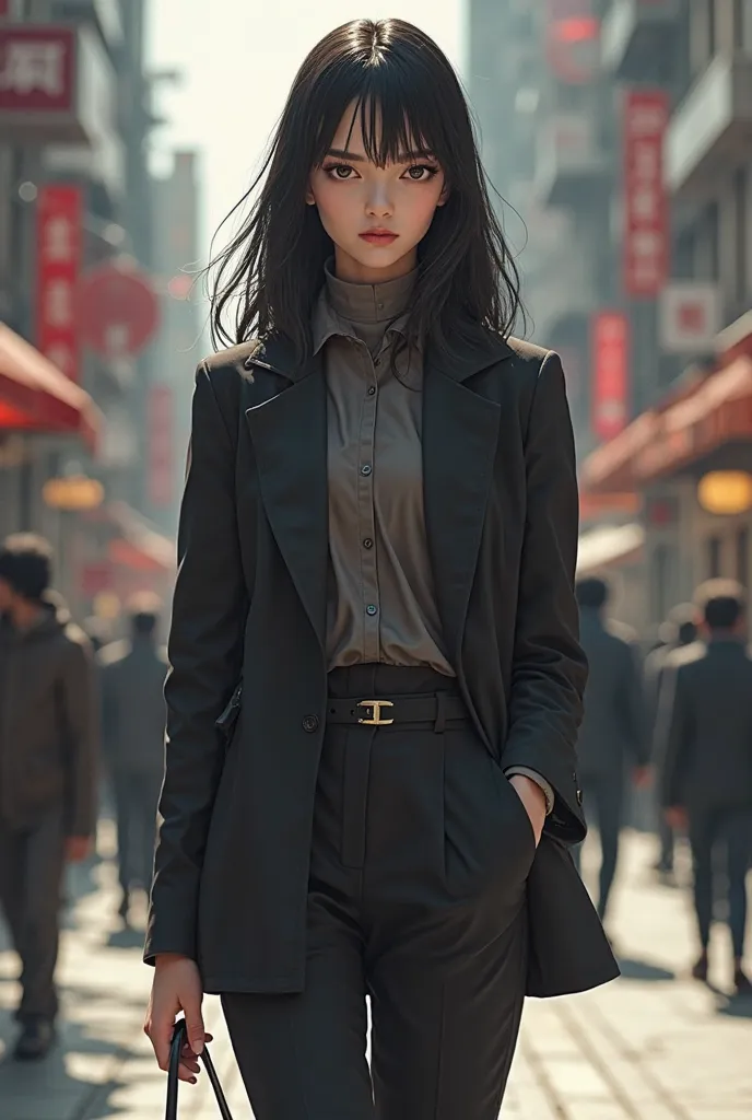 Create an 18-year-old girl with elegant straight black hair, oval white face, high,  thin, and serious clothes while walking down the street