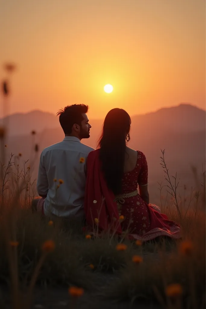 Evening,  An Indian couple is sitting on a high hill far from the city.low light,realistic,dramatic light's 