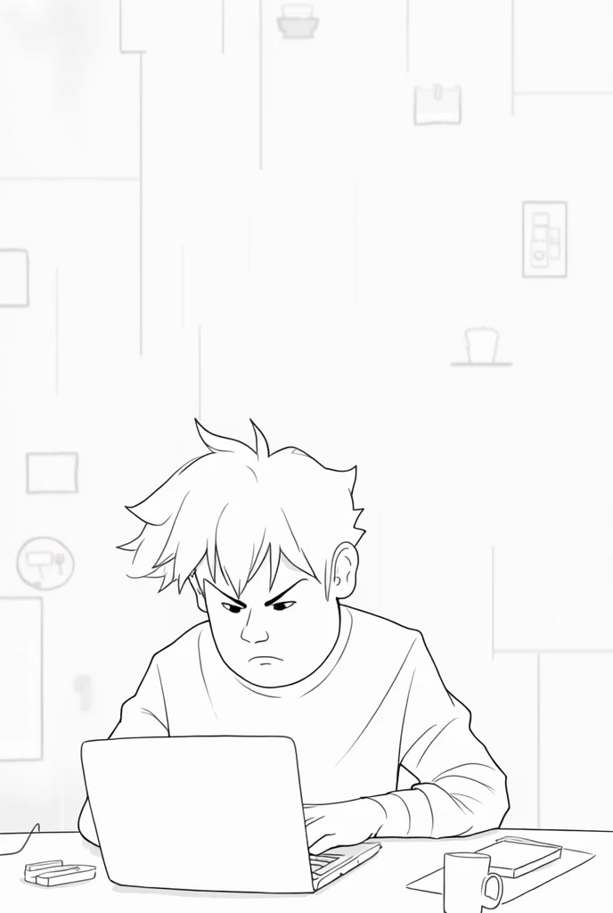 Closed shot
black and white line drawing storyboard of a
Boy working in office alone 4 difference camera angale