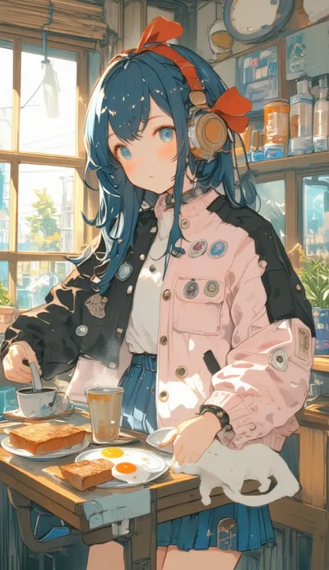 top quality, masterpiece,   very accurate,   High Resolution,  beautiful 8K computer graphic art,  perfect anatomy,  perfect configuration,  blue eyes，  black hair，semi-long， headphones  ，big red ribbon on your head，pleated miniskirt，pale pink and black tw...