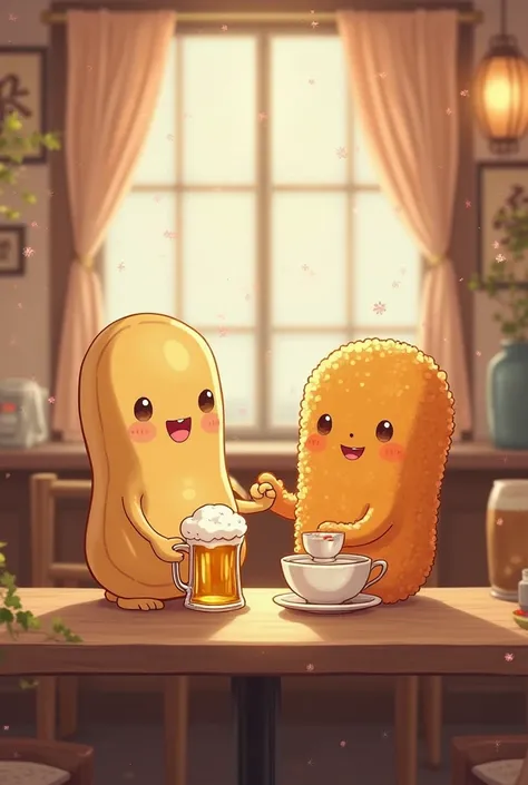 Make a peanut drinking beer and a croquette sipping tea happily smiling sitting at a table in an anime-style bar holding hands