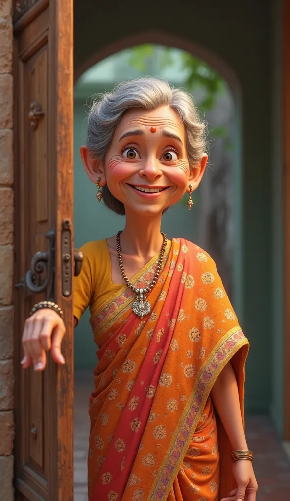 Close-up a old woman open the gate smiling in the house 3D animation, wear attractive clothes neck round blouse and saree, good figure,