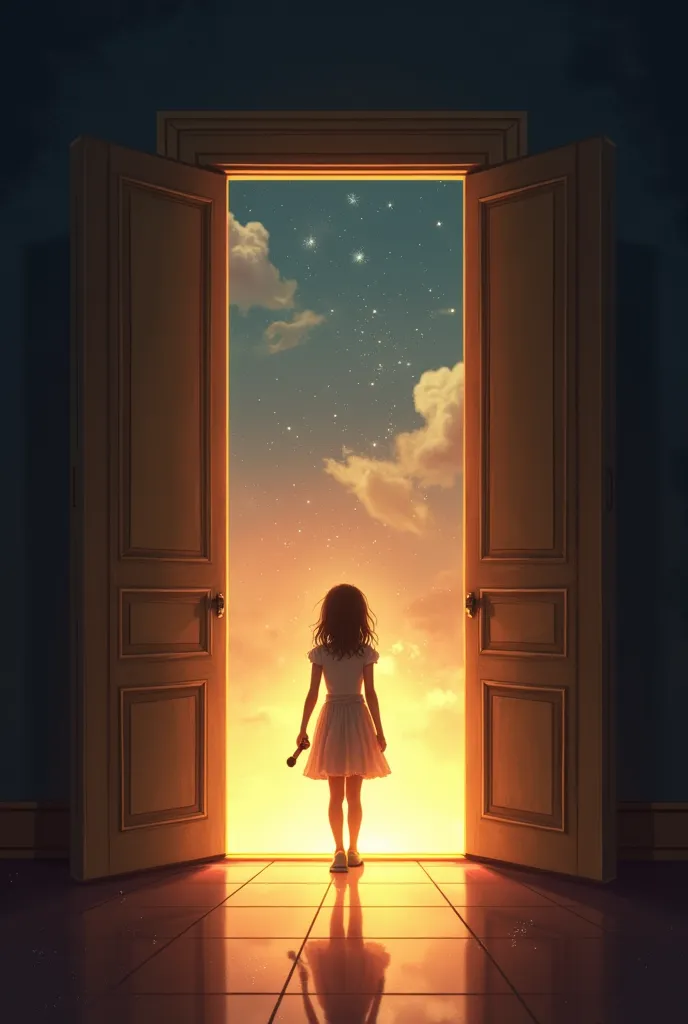 Sure! Here’s the revised movie cover vision **without the title**:  

---

### **Main Character & Pose**  
At the center, a young girl stands before **massive, slightly open double doors.** She hesitates, her eyes filled with a mix of doubt and hope. Her o...