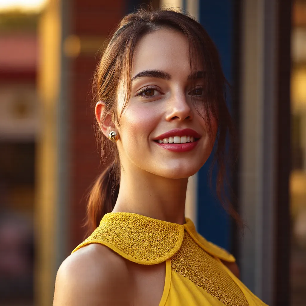 photorealistic, a brunette smiling British 18yo girl who looks similar to Emma Watson, brown eyes, beautiful detailed eyes, beautiful detailed lips, wide smile, natural lighting, detailed skin texture, delicate facial features, golden hour, cinematic, 8k, ...