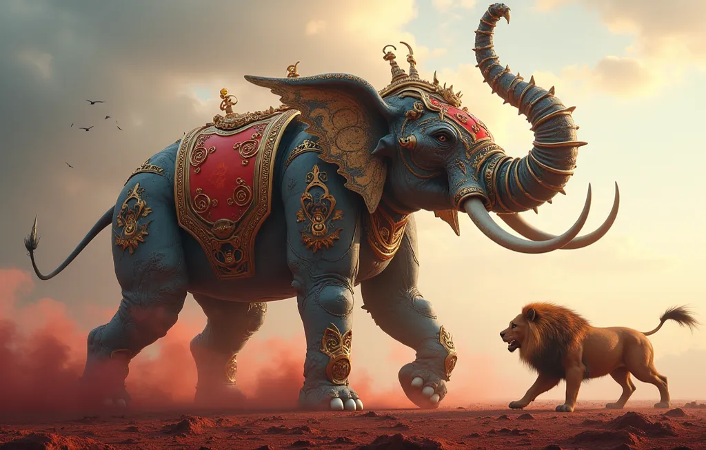 A majestic mechanical elephant with an ornate, fantasy-inspired design, blending Eastern mythology and Chinese aesthetics. *( with a dynamic pose as the lion leaps forward), **( elephant side view) , The creature has intricate swirling patterns, golden fil...