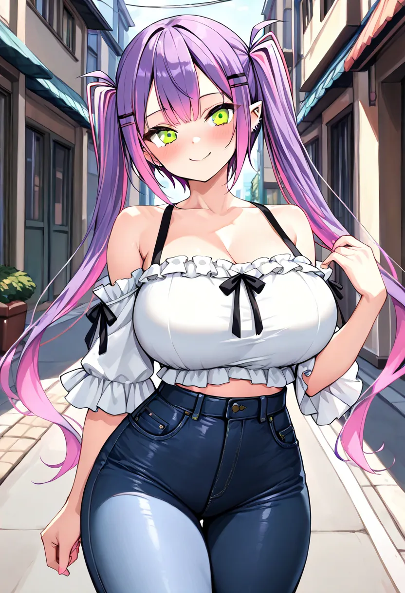 (highest quality , 8k , masterpiece , incredibly absurdres , perfect body , super detailed skin , highly detailed eyes and face , 1 woman ) , tokoyami towa , purple Hair , Green eyes , smile ,  will be happy , ( Off Shoulder , Ruffled sleeve top , inner we...