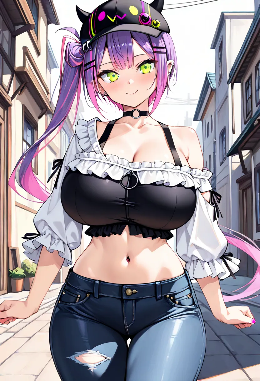 (highest quality , 8k , masterpiece , incredibly absurdres , perfect body , super detailed skin , highly detailed eyes and face , 1 woman ) , tokoyami towa , purple Hair , Green eyes , smile ,  will be happy , ( Off Shoulder , Ruffled sleeve top , inner we...