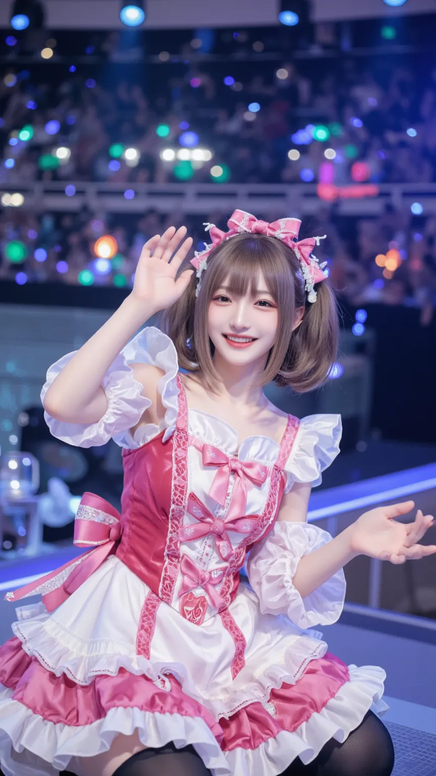 A cheerful anime idol girl in a pink and white frilly dress, singing on a grand concert stage, colorful lights shining, energetic smile, waving to the audience, ultra-HD, anime-style