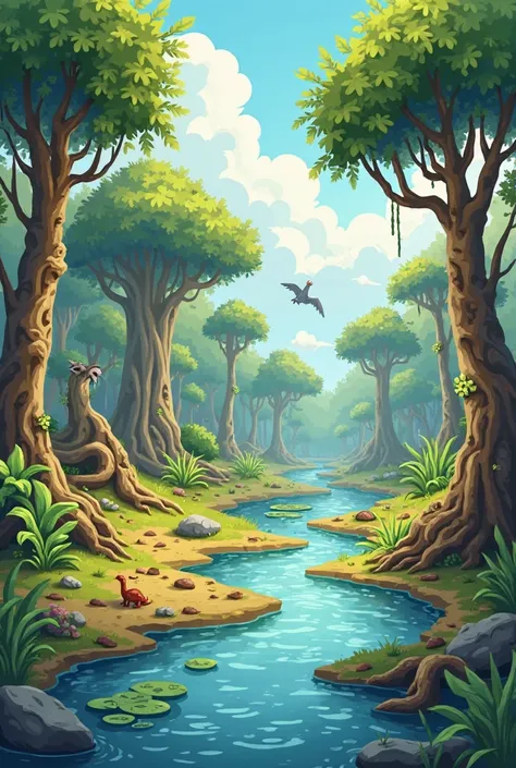 "Create a vibrant, playful, and cartoonish prehistoric landscape designed for ren. The scene should be bright and engaging, featuring three distinct natural environments: a dense prehistoric forest, a murky swamp, and a flowing river.

1️⃣ Scene Elements:
...