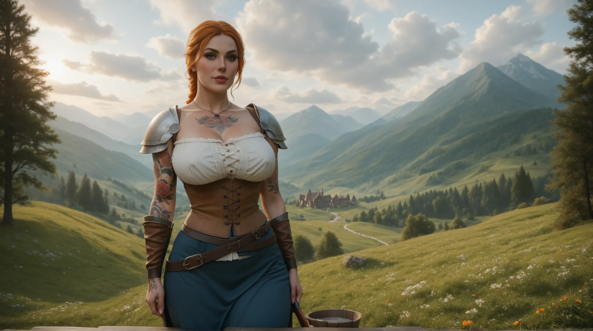 Score_9, Score_8_high, Score_7_high, attractive medieval 1girl, Hunter, curvy, half clothed, big boobs, tattooed, Skyrim V, 