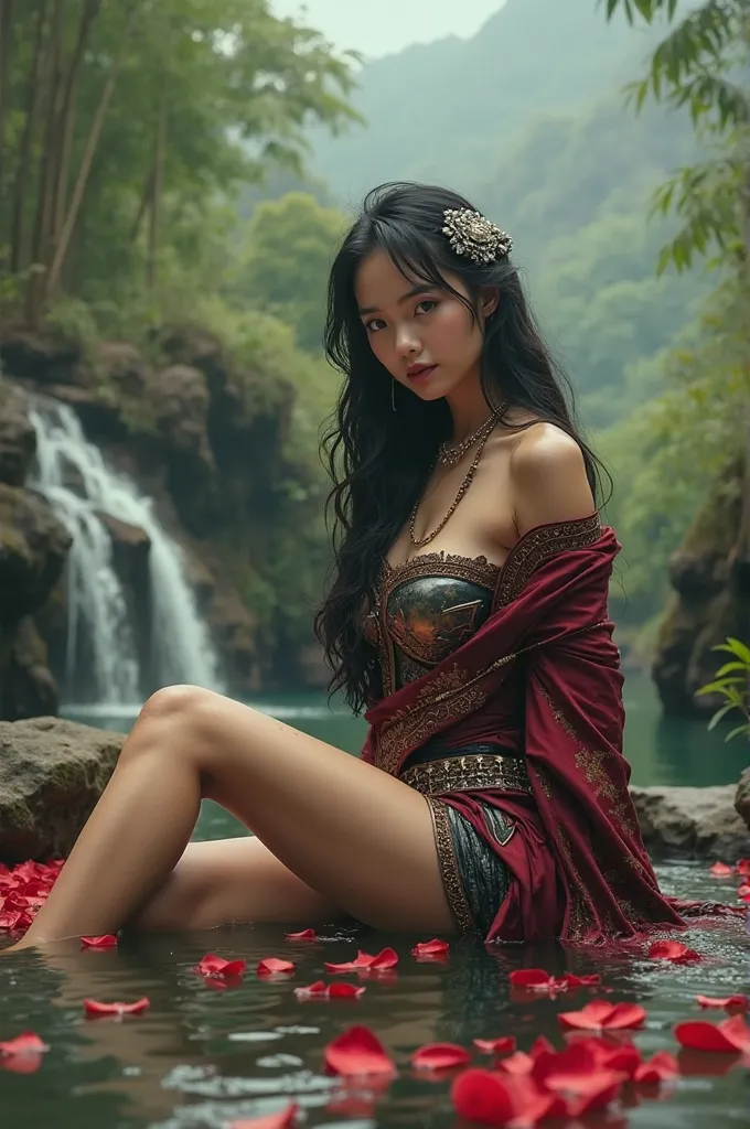 close-up ,Nuanced Warm Smoky Natural Stony Water Pool which is Romantic and sexy, Full of red rose petals inside the pool, and a small waterfall ,front view,sharp stare ,A Sundanese Woman Knight, Young and Beautiful , Black hair Elegant ,with elegant silve...